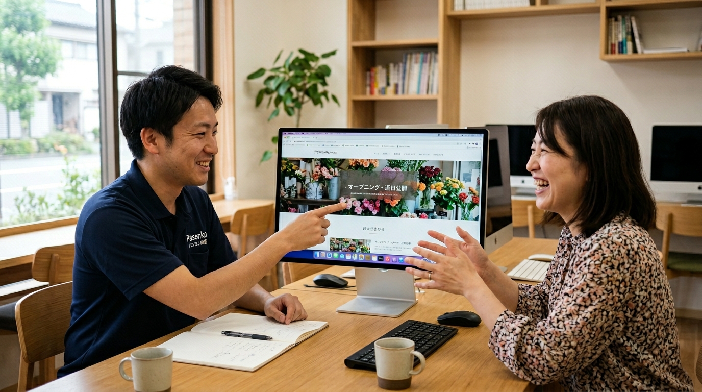 旭川のパソコン教室で講師とお客様が隣に座り同じ画面を見ながらホームページ制作を相談している様子