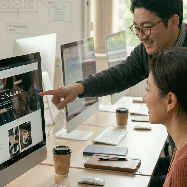 旭川の教室でパソコンの画面を見ながらAI対面制作でホームページを作っている様子