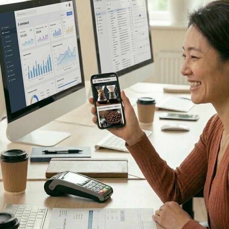 完成したホームページを最終確認し支払い後すぐにインターネット上へ公開している様子